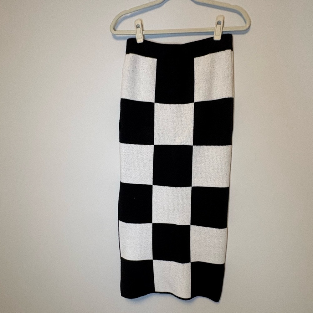 Knit Checkered Black and White Midi Skirt Side Slit Edgy Minimal Woman's Medium - Picture 5 of 8